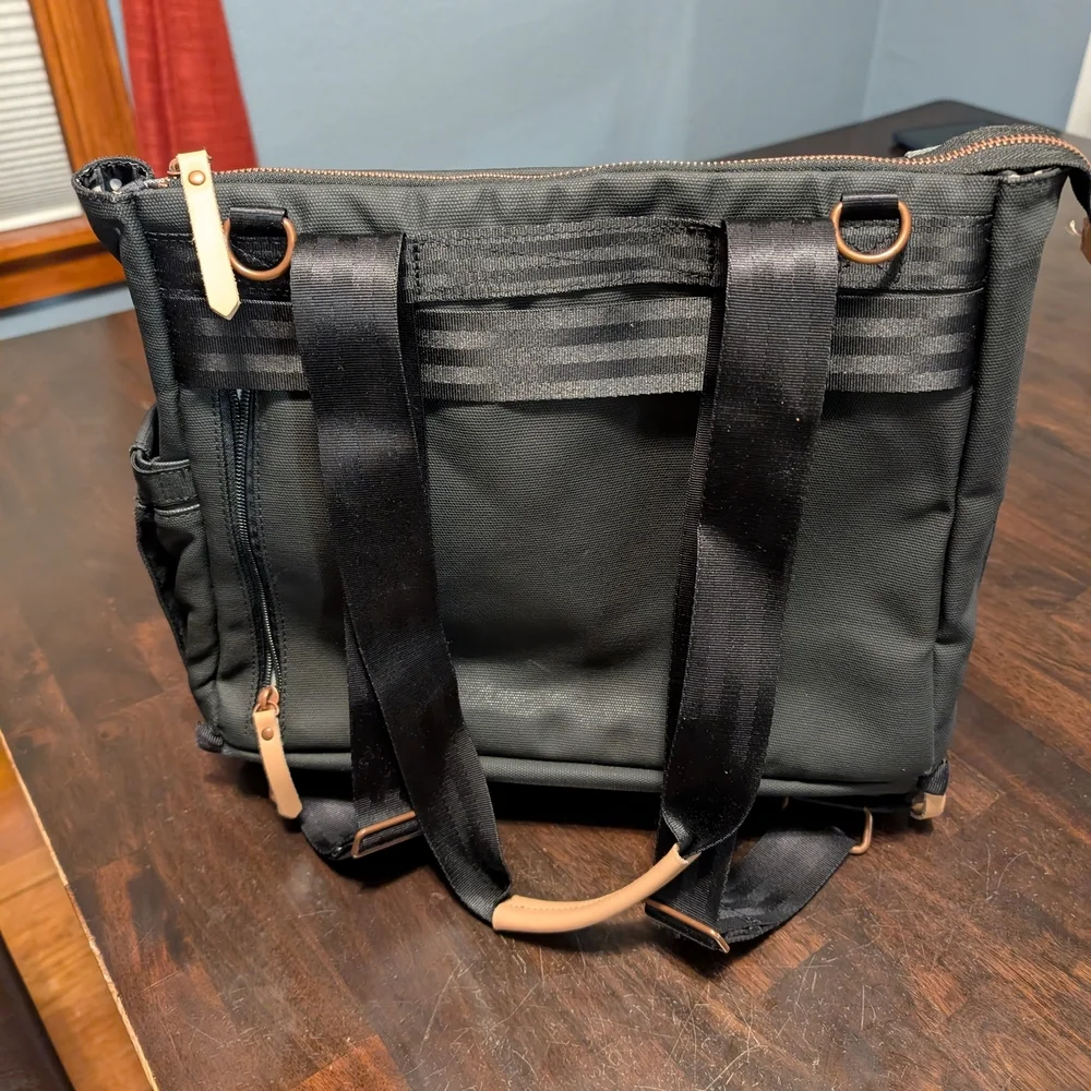 Petunia Pickle Bottom Pivot Black and Gray Diaper Bag, Rose Gold Hardware.
